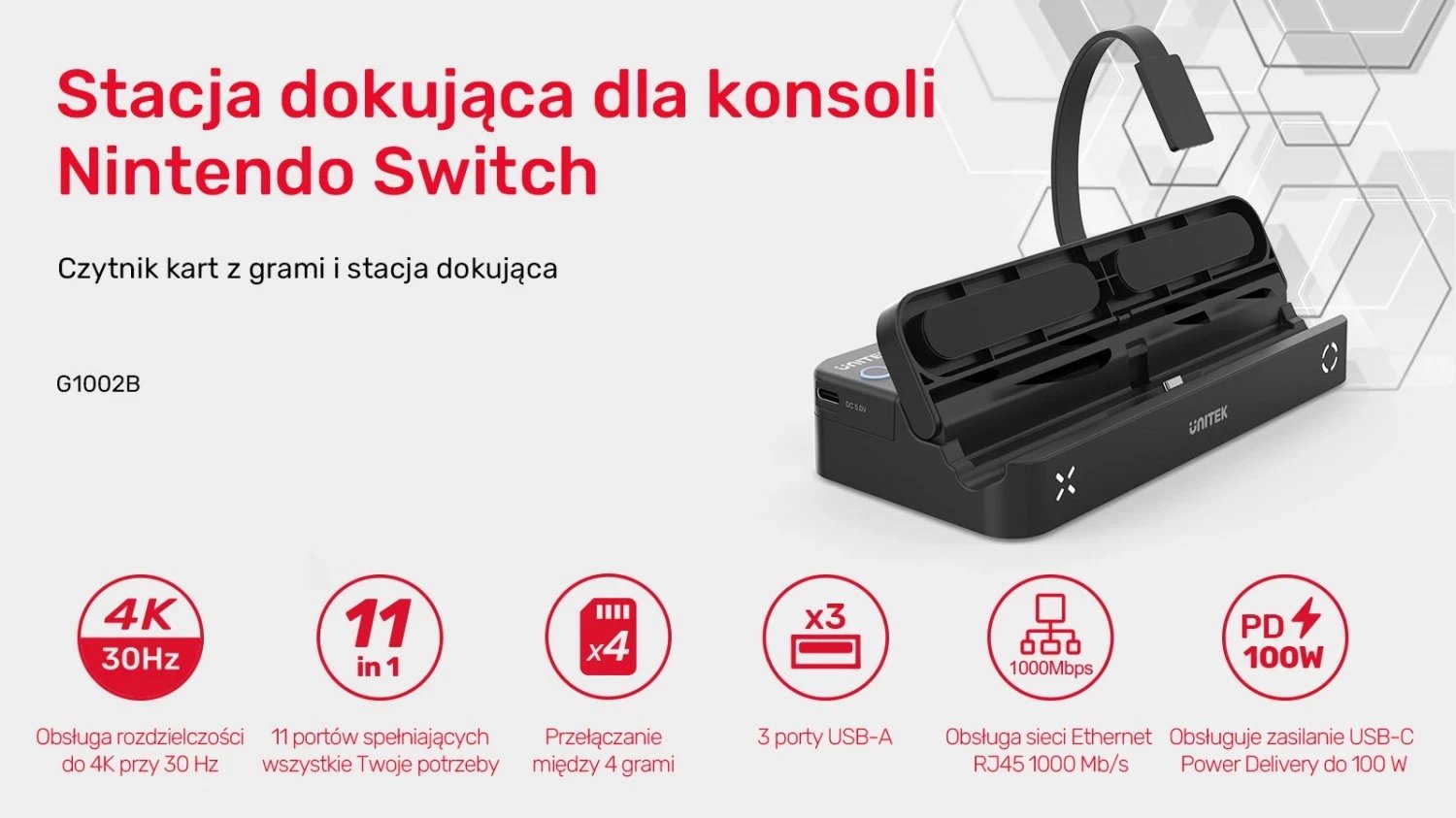 Stacioni i dokimit për Nintendo Switch Unitek, 100W 4K, i zi