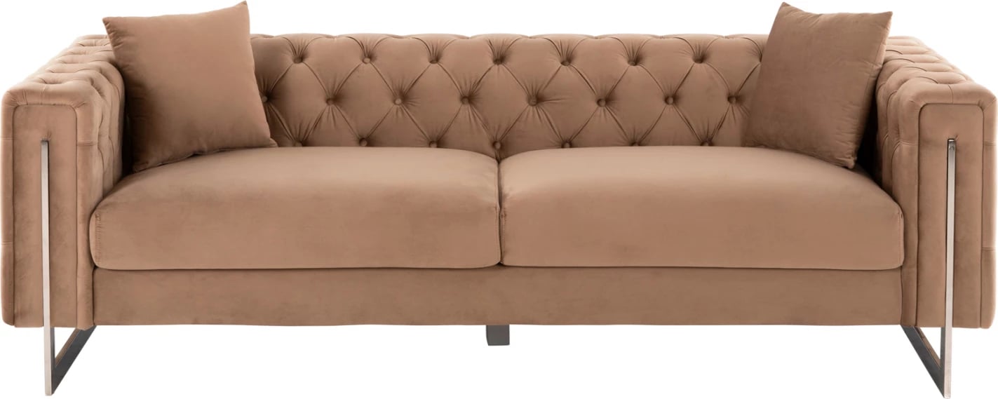 Divan 3-vendësh Chesterfield MOBAR FH3263.03, kadife bezhë, këmbë metalike, 212x87x68H cm.