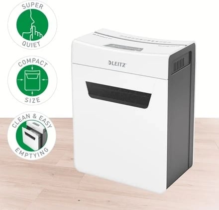 Shredder LEITZ IQ Protect Premium 8X, P4, 8 fletë, shportë 14 l, e bardhë