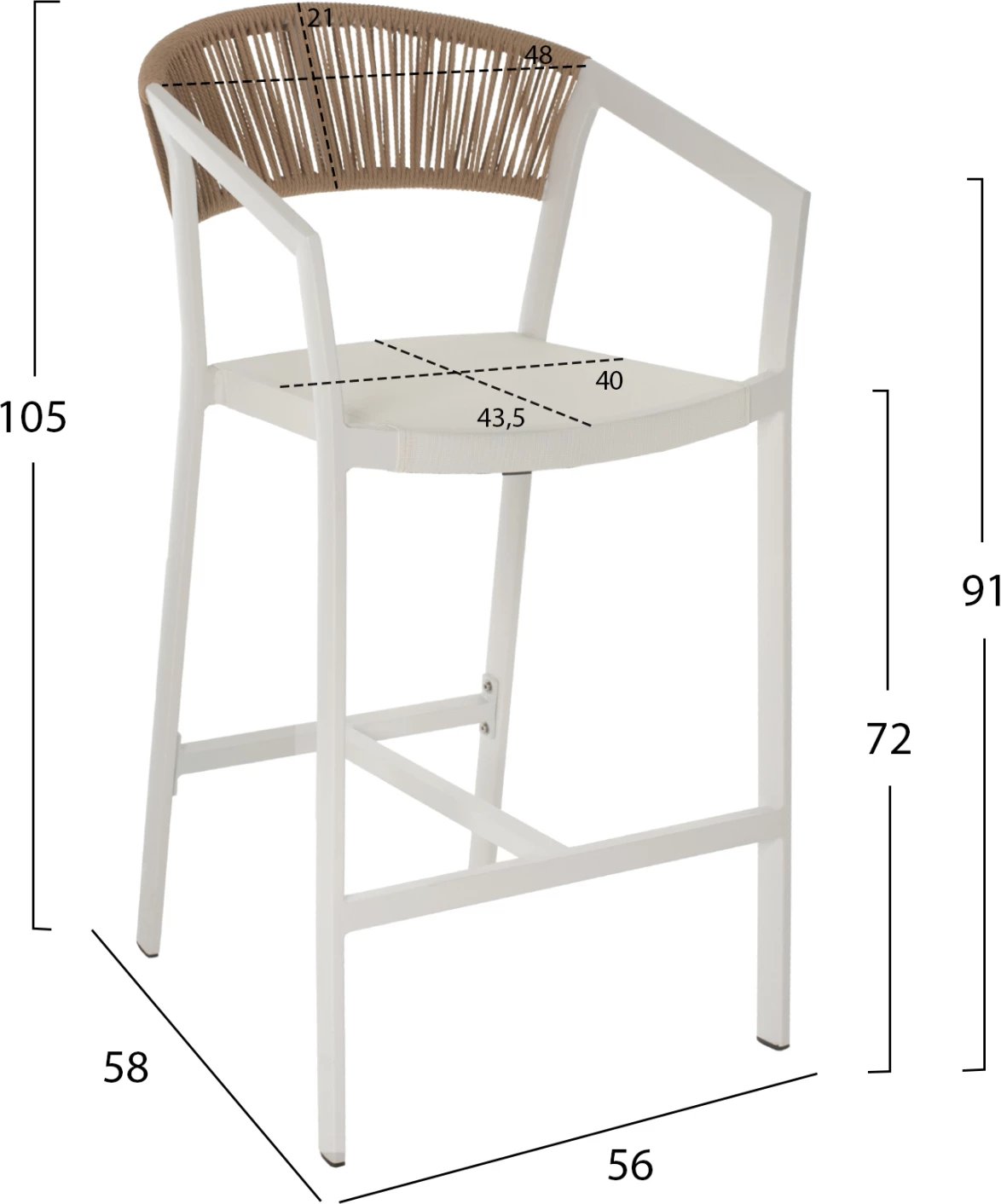 Karrige për bar alumini me krahë, shpinë ratan PE, sedilje tekstile, 56x58x105H cm, FH5892.02