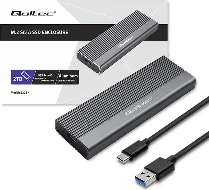 Kasë Qoltec 52267 për SSD M.2, SATA, NGFF, USB-C, 2TB, Gri