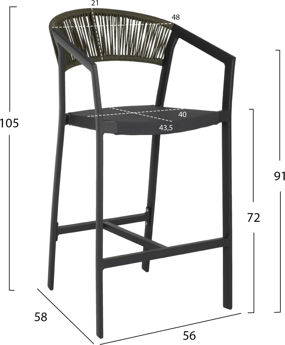 Karrige për bar alumini, ngjyrë anthracite me krahë, RATTAN sintetik, jeshile ulliri, tekstil, 56x58x105H cm, FH5892.04