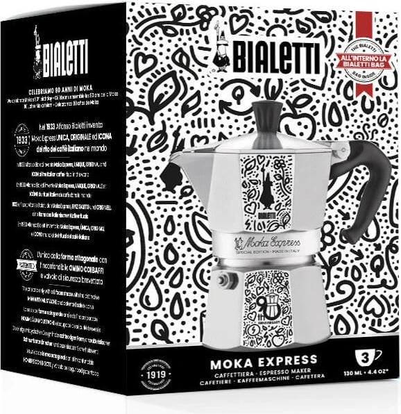 Kafjezja Bialetti Moka Express 90th Anniversary, 0.13 L, e Zezë, Argjendtë, e Bardhë