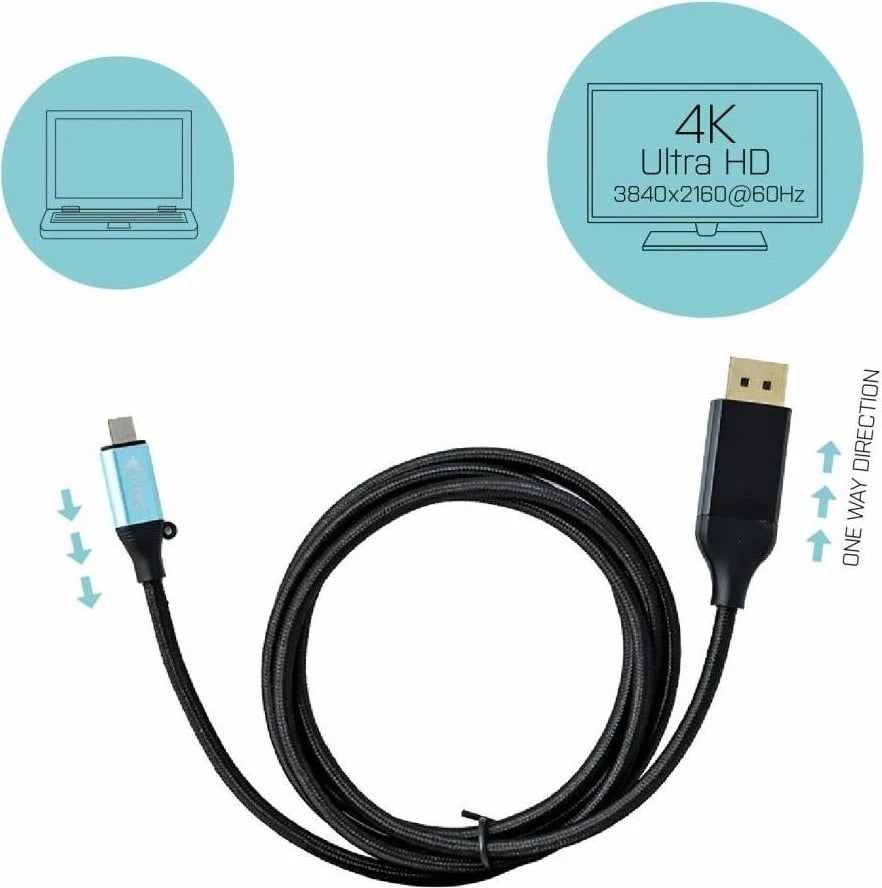 Kabllo USB-C i-tec, DisplayPort, 4K Ultra HD, 150cm, e zezë