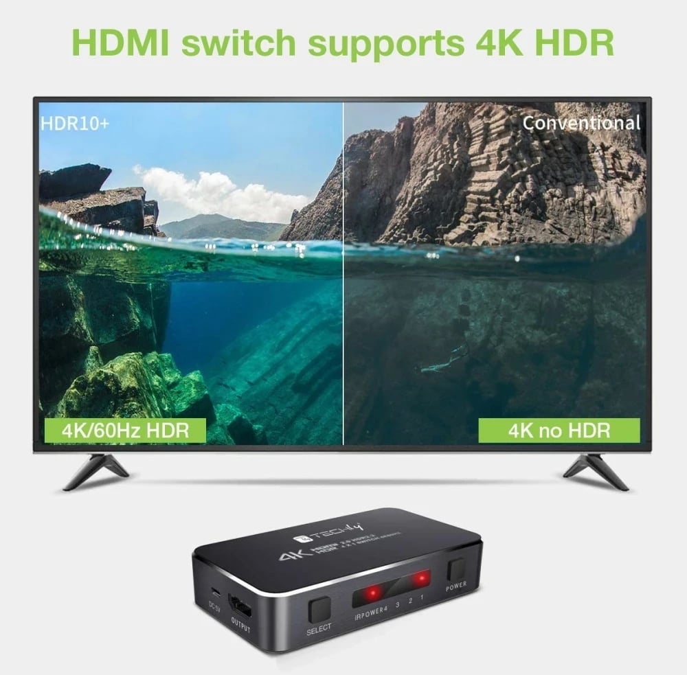 Switch HDMI Techly 367171, 3 porte, 4K 60Hz, me pilot IR, e zezë