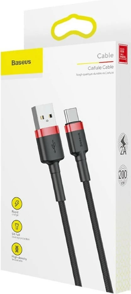 Kabeli USB Baseus Cafule, 2 m, USB A në USB C, Zi dhe Kuq