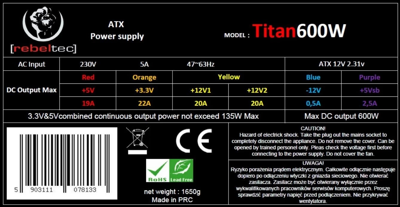 Furnizues energjie Rebeltec TITAN 600 ATX, 80 PLUS Bronze, Zi