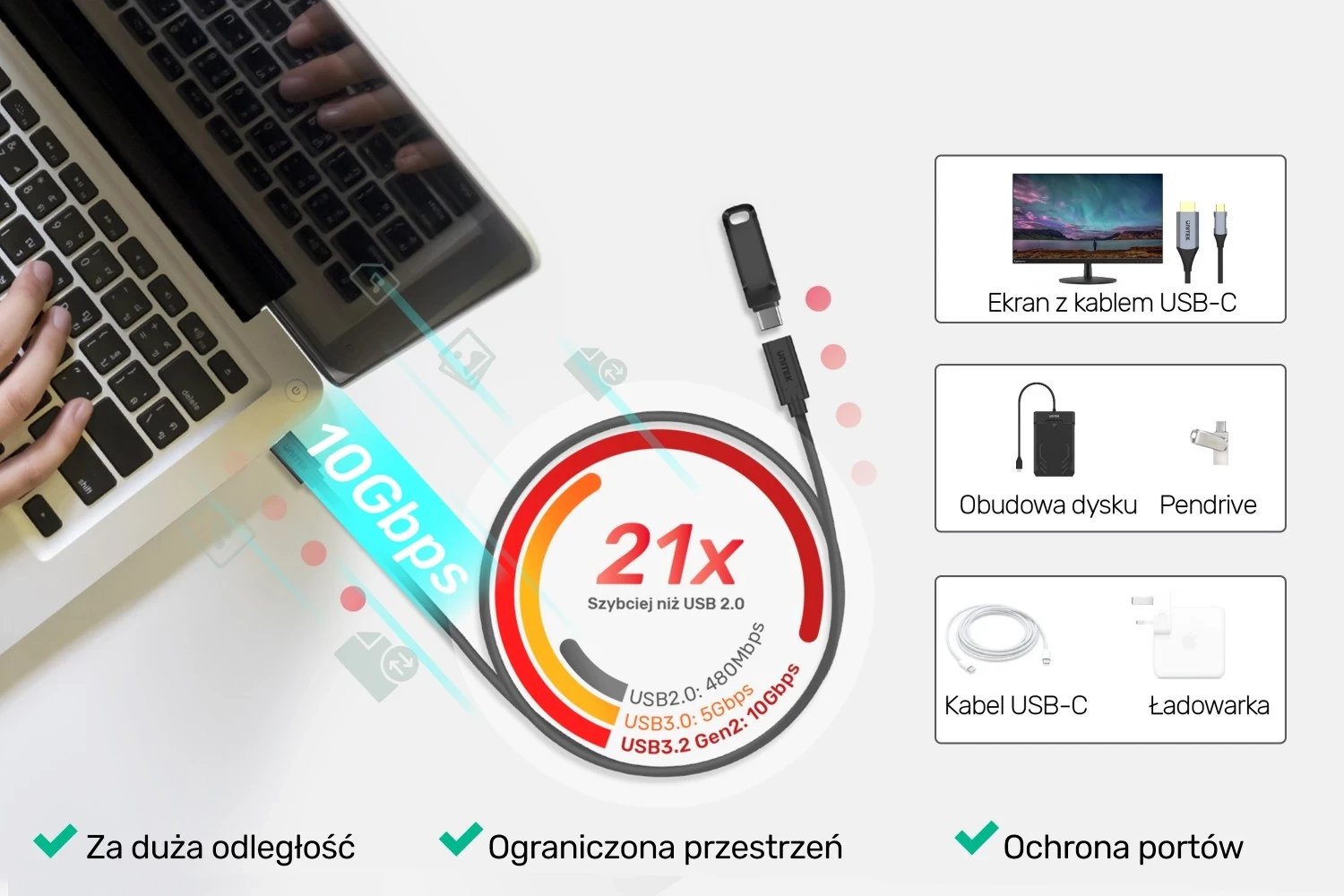 Kabllo zgjatëse Unitek USB-C 10Gbps 4K, PD 100W, 1.5 metra, e zezë