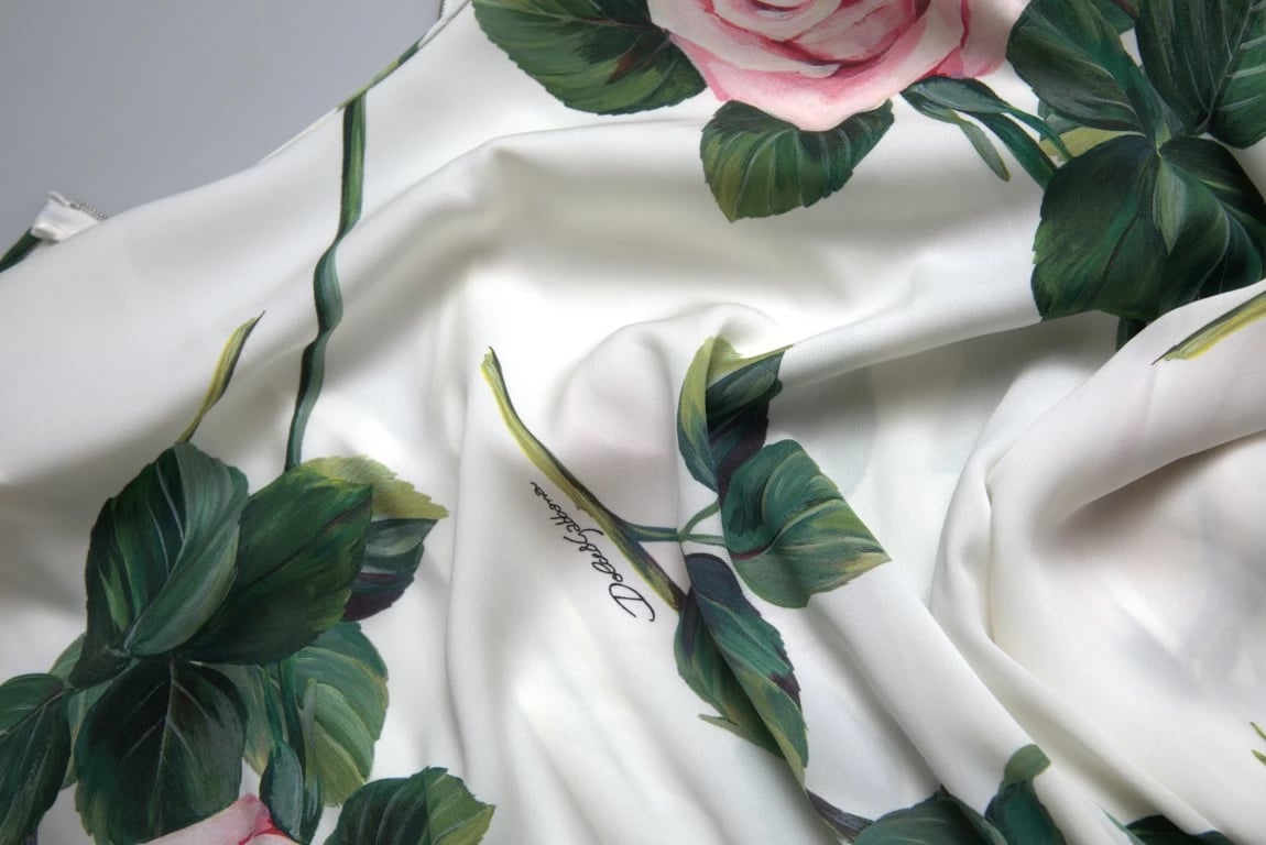 White Roses Print Stretch Silk A-line Dress