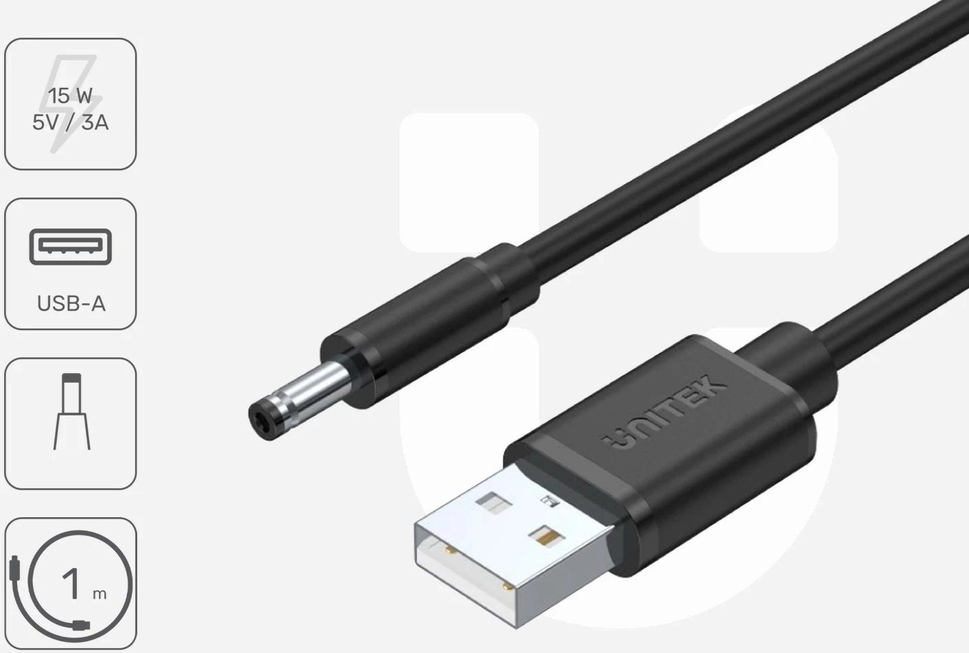 Kabllo furnizimi Unitek, USB - DC 3.5/1.35 mm, 100 cm, e zezë