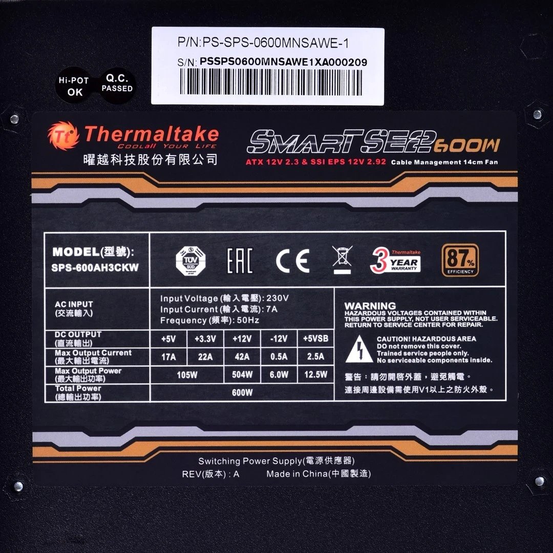Furnizues i Energjisë Thermaltake Smart SE2 600W, ATX, i Zi