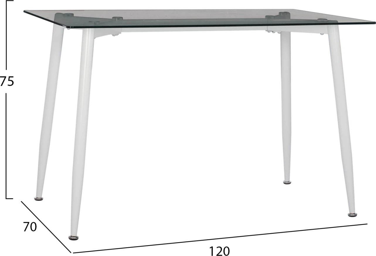 Tavolinë ngrënieje, këmbë metali të bardha, xham, FH8498.03, 120x70x75H