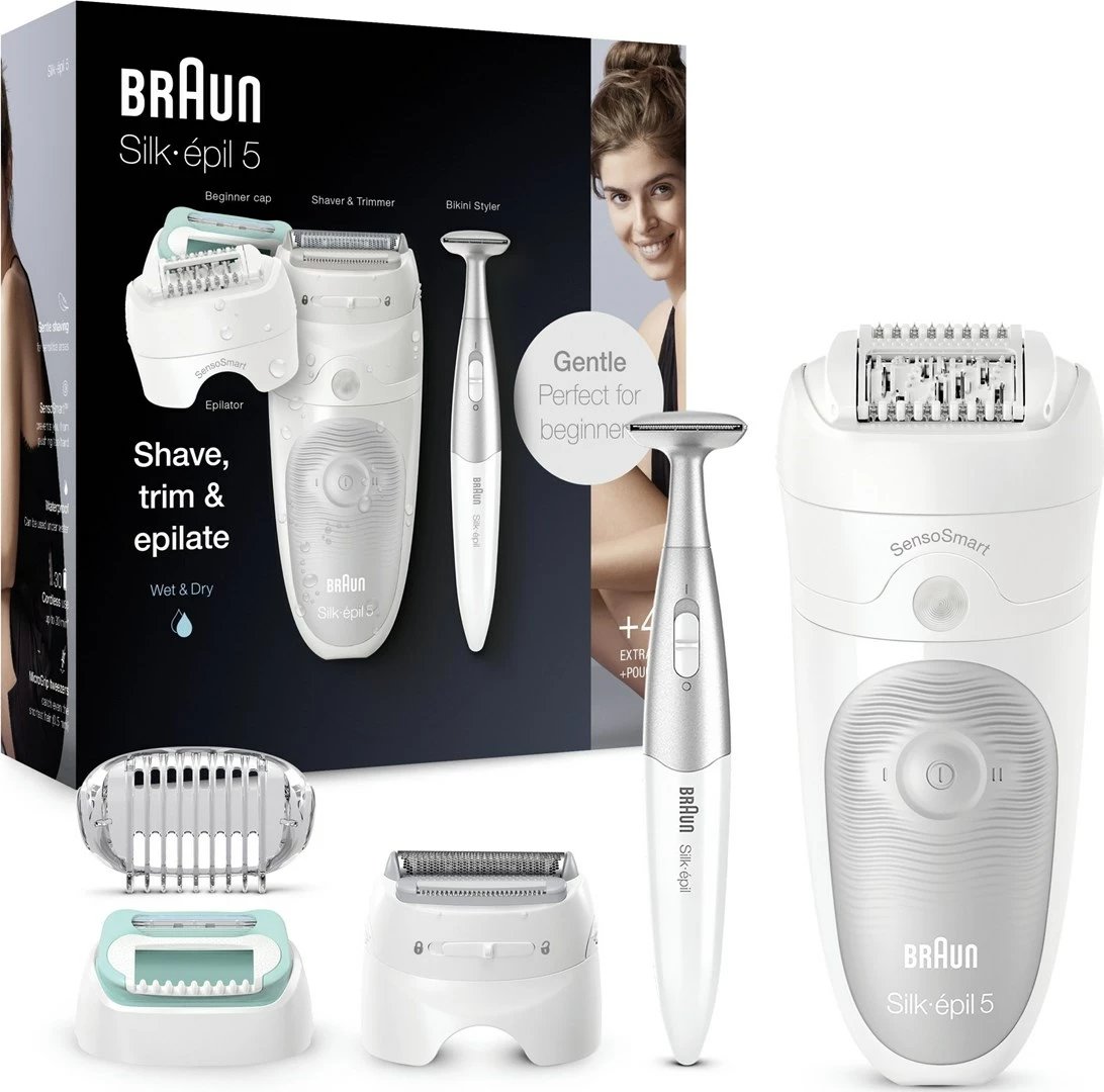 Epilator Braun Silk-épil 5 për femra, me trimer bikini, Bardhë