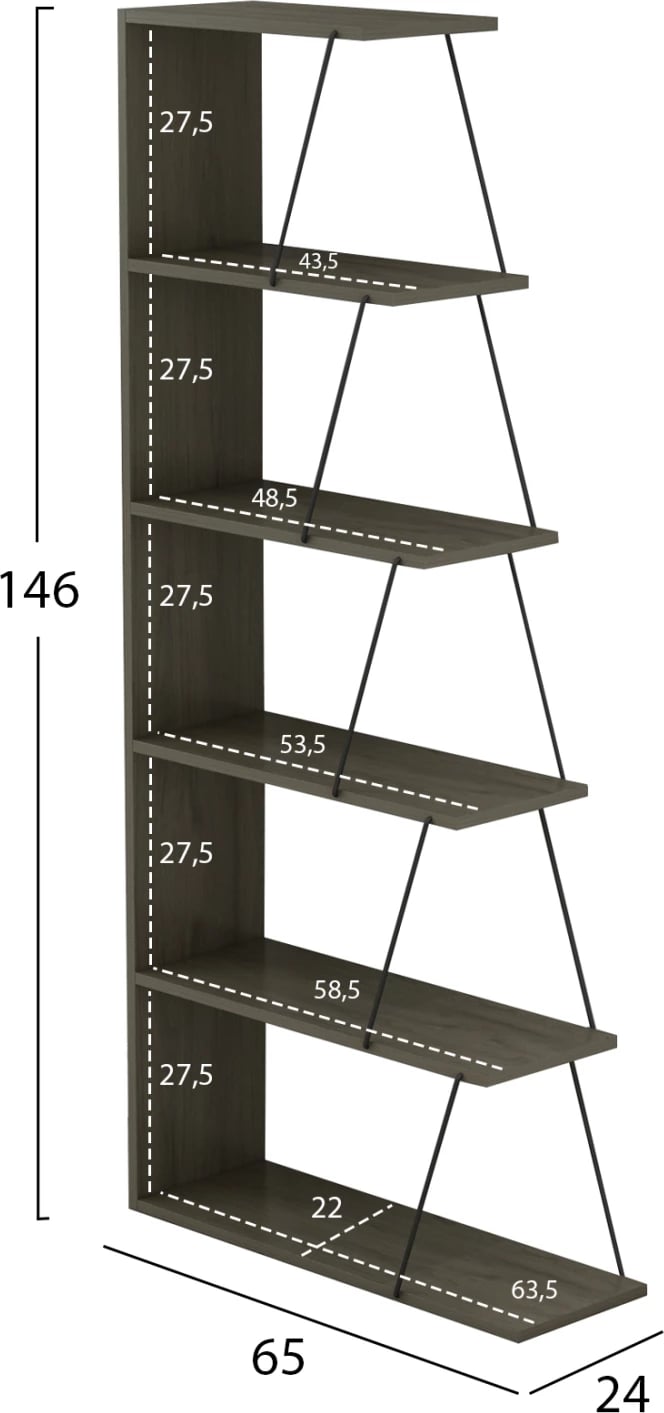 Raft librash MINI TARS FH2241.13, melaminë gri ulliri, shufra metali të zeza, 65x22-24x146H cm.