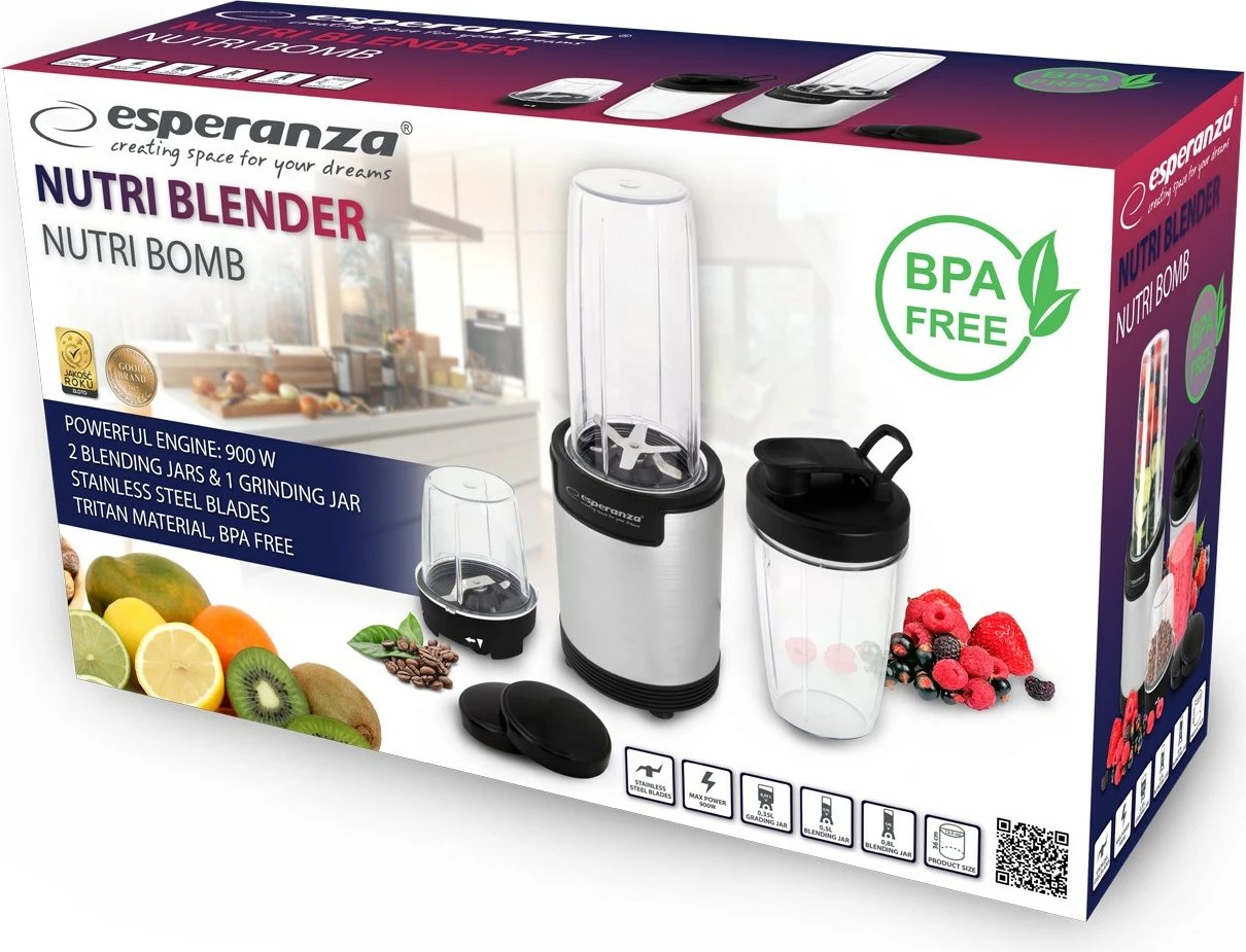 Blender për smoothie Esperanza Nutri Bomb EKM030, 9 në 1, 900W, hiri