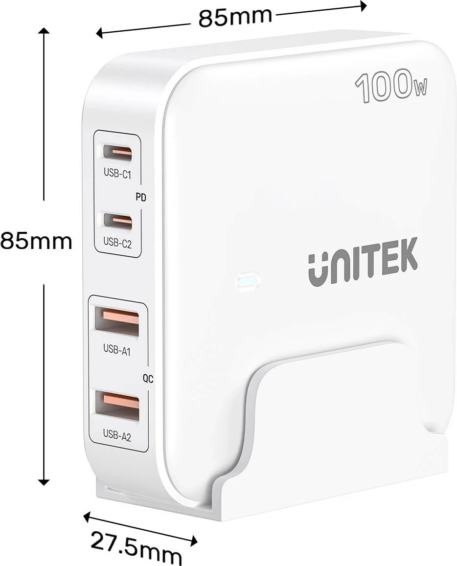 Karikues tavoline Unitek GaN 100W 2xUSB-A 2xUSB-C, bardhë