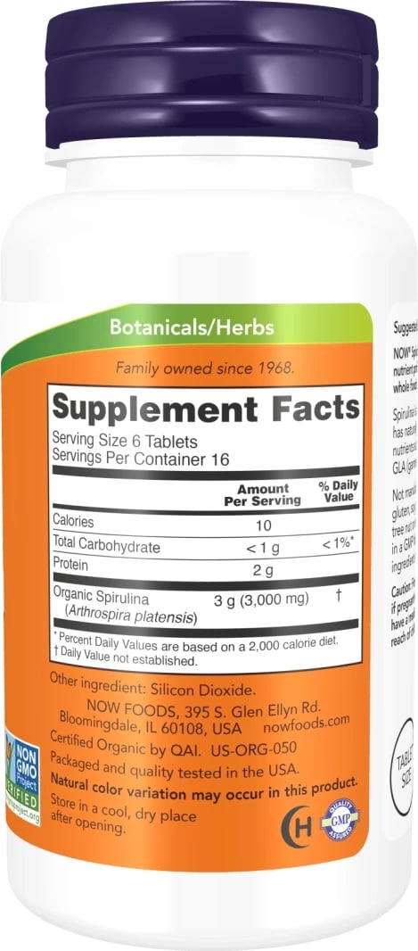 Organic Spirulina 500 mg NOW Foods, 100 tableta