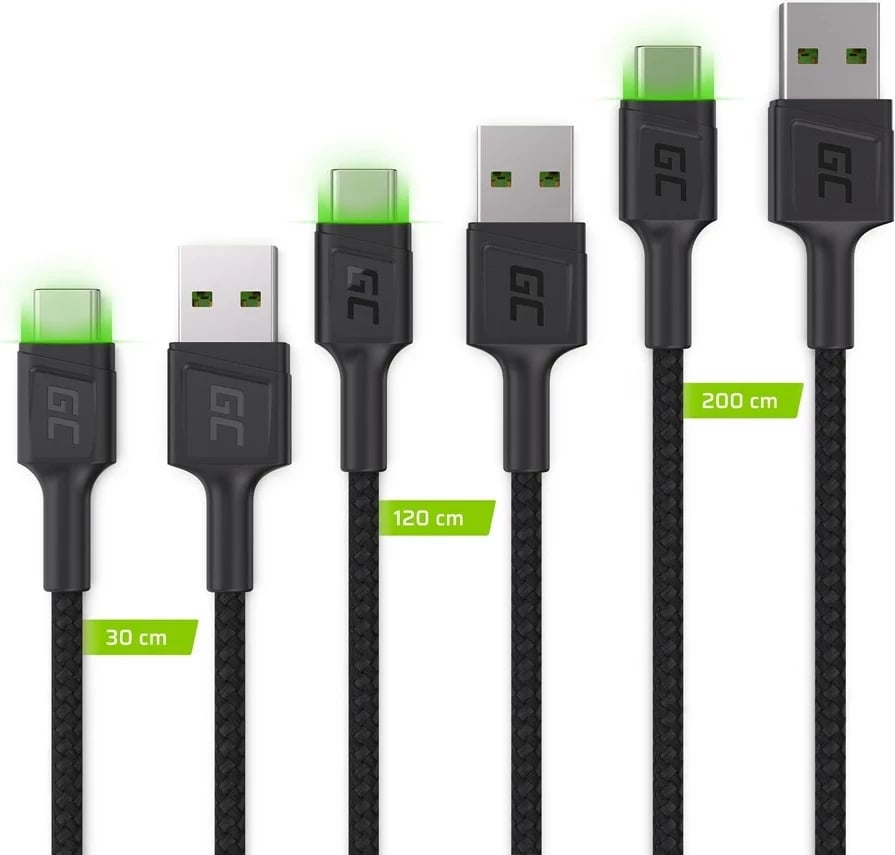 Set kabllosh USB-C Green Cell 3x GC Ray, 30cm, 120cm, 200cm, LED jeshile, karikim i shpejtë