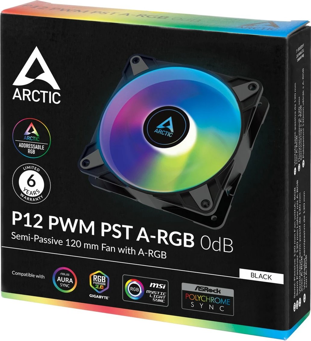 Ventilator ARCTIC P12 PWM PST A-RGB 0dB, 12 cm, 2000 RPM, i zi, i bardhë