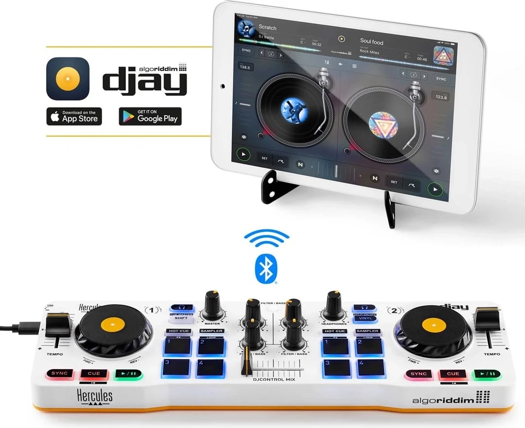 Kontroller DJ Hercules DJControl MIX Bluetooth për Celular dhe tableta Android, 2 kanale, Ngjyrë e zezë, e bardhë, e verdhë