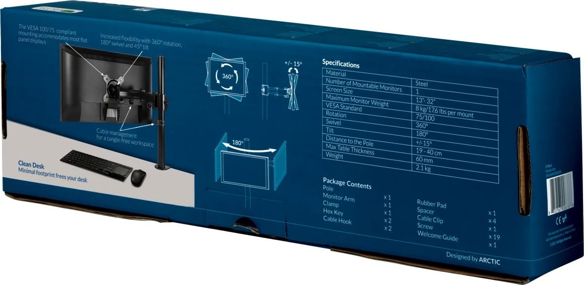 Krah monitori ARCTIC Z1 Basic, Clamp, 8 kg, 13"-32", i zi