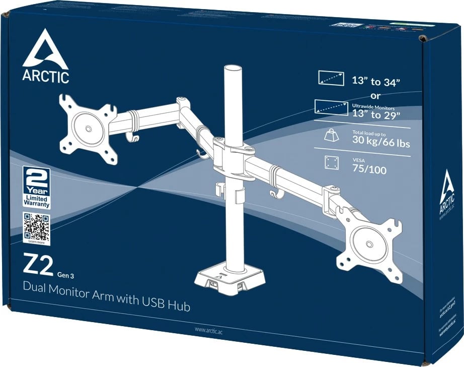 Krah monitorësh ARCTIC Z2 (Gen 3), 15 kg, 34", USB Hub, E zezë