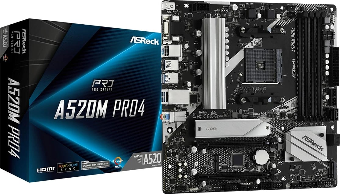 Pllakë amë Asrock A520M, 64GB, Socket AM4 micro ATX, 