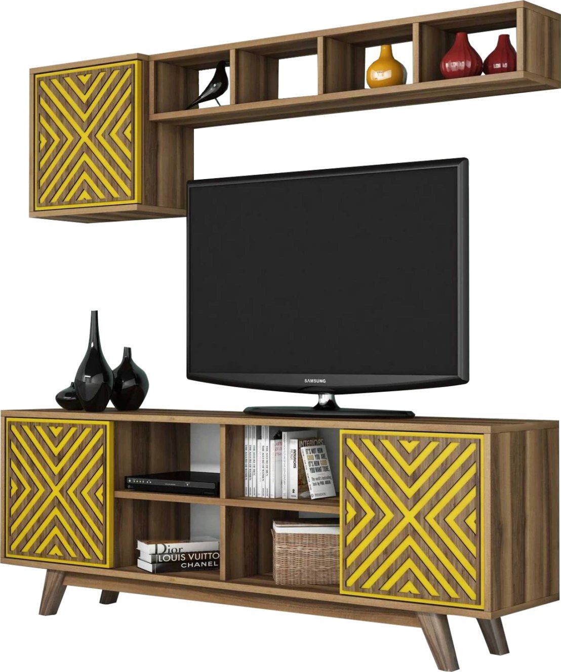 Set mobiljesh për TV, ngjyrë arre dhe e verdhë, FH9516.04, 160x35x56.2 cm