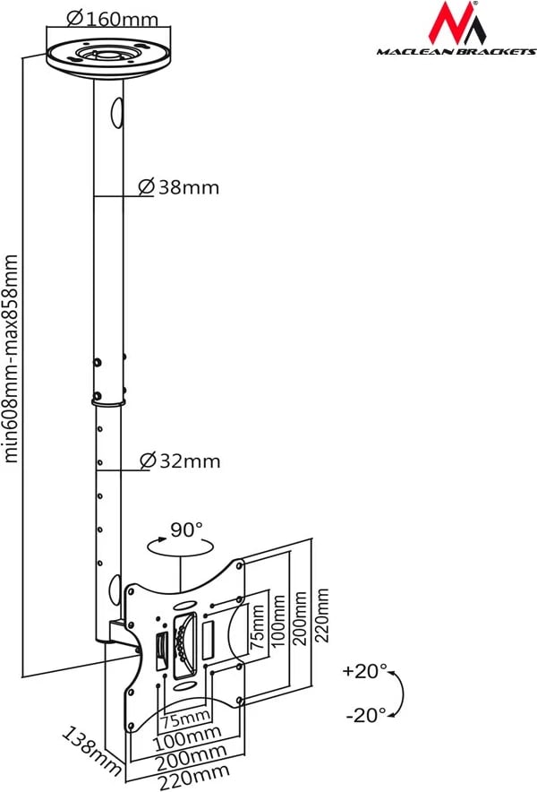 Mbajtës tavani Maclean MC-504A B për TV, 23-42", i zi