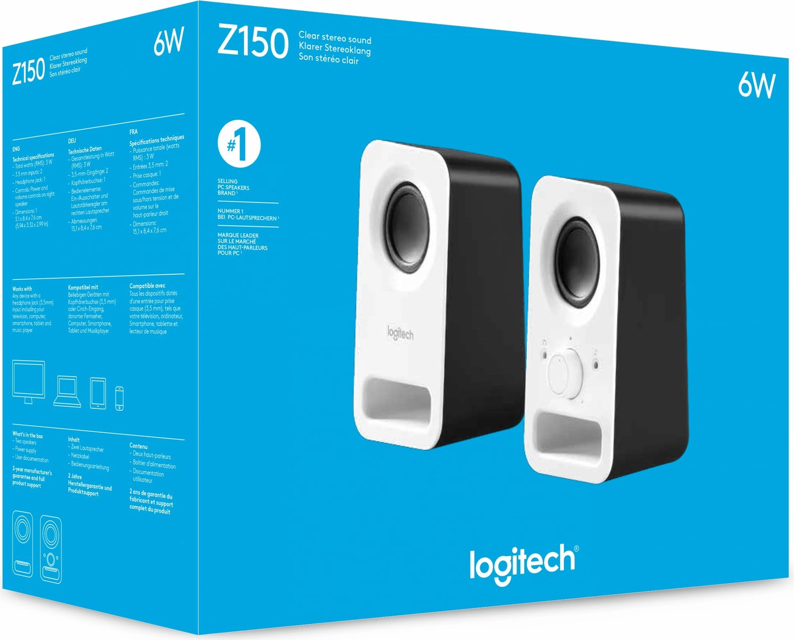 Boksa multimedia Logitech z150, 2.0 kanale, me kabllo, 3 W, të bardhë