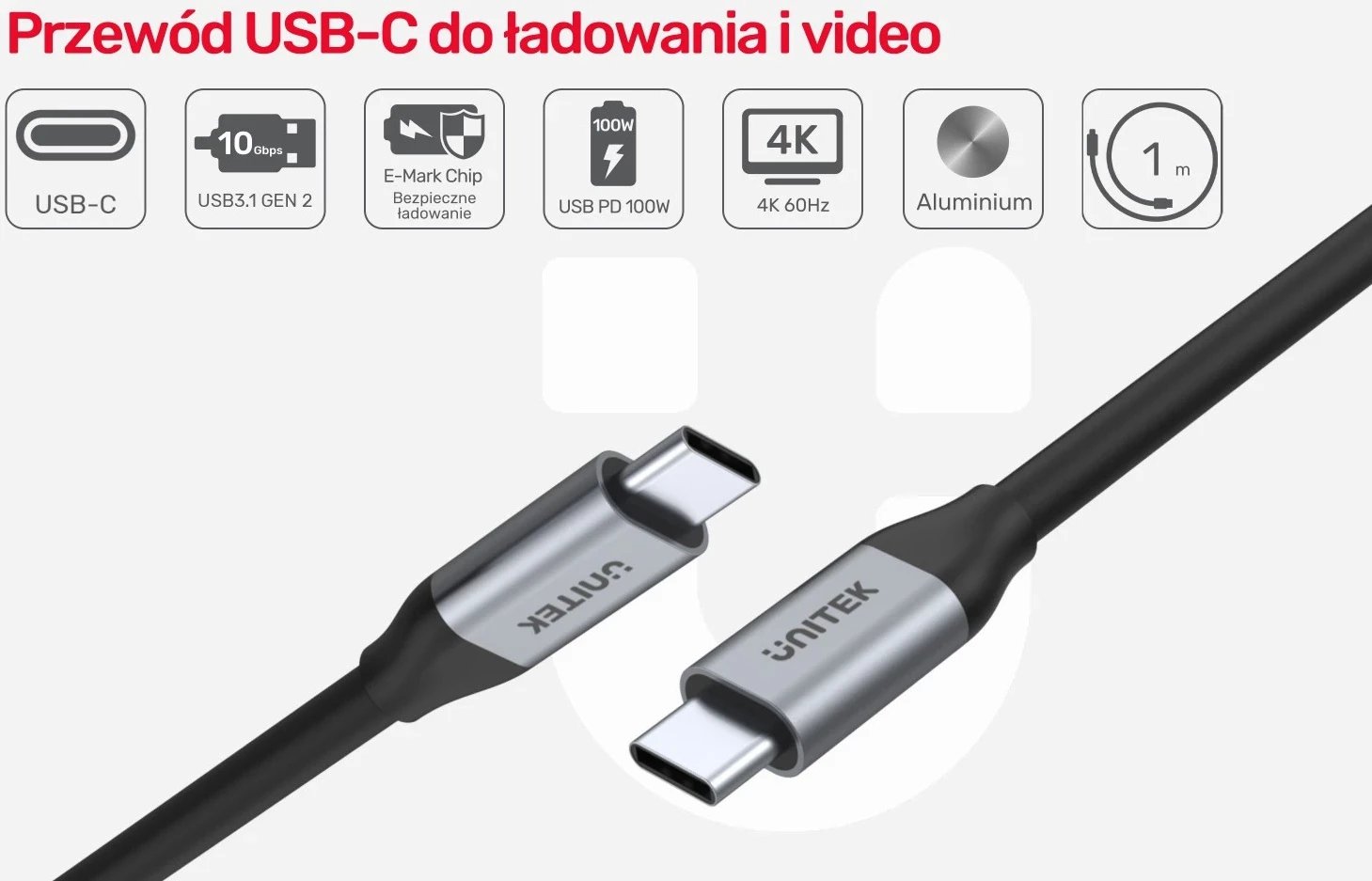 Kabllo Unitek USB-C në USB-C, 10Gbps, 4K 60Hz, 20V/5A, e zezë