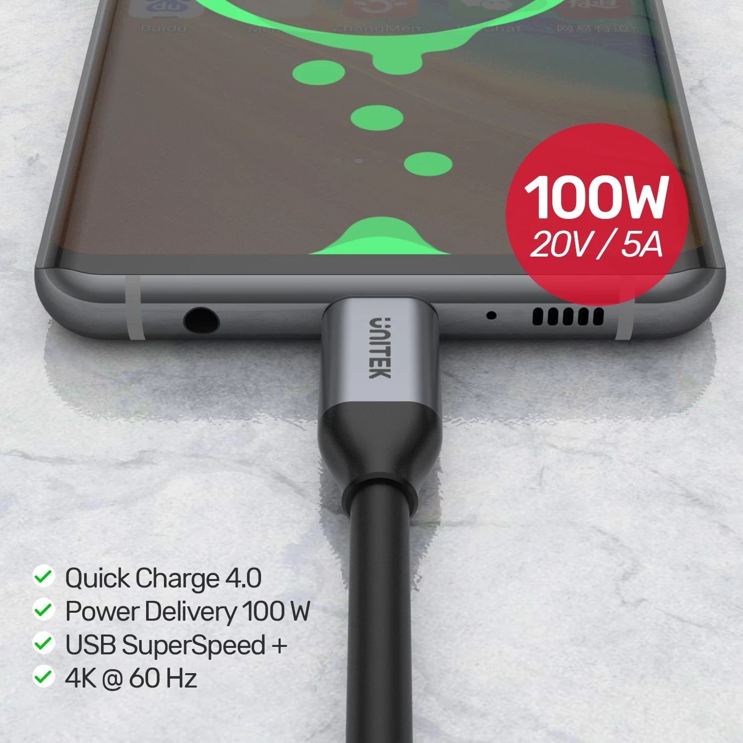 Kabllo Unitek USB-C në USB-C, 10Gbps, 4K 60Hz, 20V/5A, e zezë