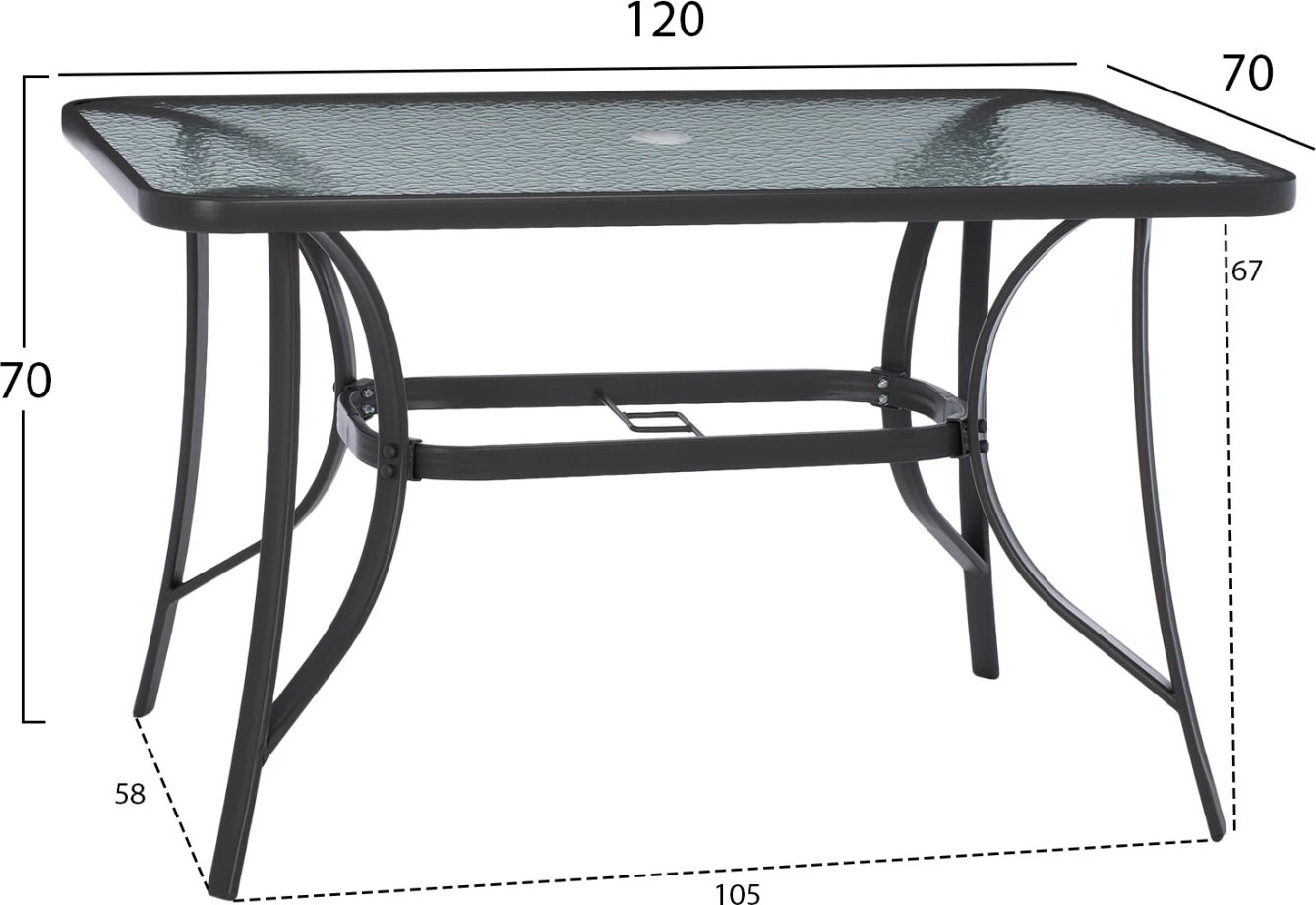 Tavolinë e jashtme BRAVO, metal gri, sipërfaqe xhami me vrimë për ombrellë, 120x70x72 cm, FH5021.11