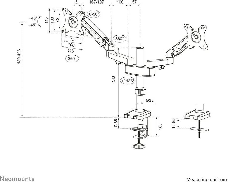 Krah monitori Neomounts DS70-750BL2, Clamp/Grommet, 7 kg, 43.2 cm (17"), 68.6 cm (27"), 100 x 100 mm, E zezë