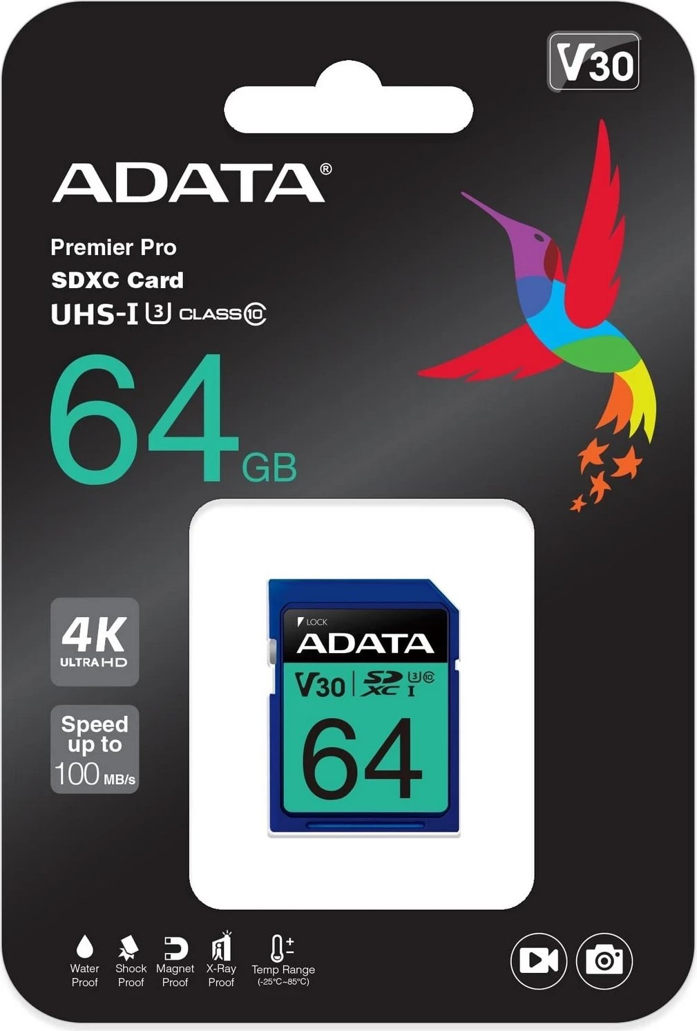 Kartelë SD ADATA Premier Pro 64GB, 100R/80W, UHS-I, U3, Class 10, V30, A2