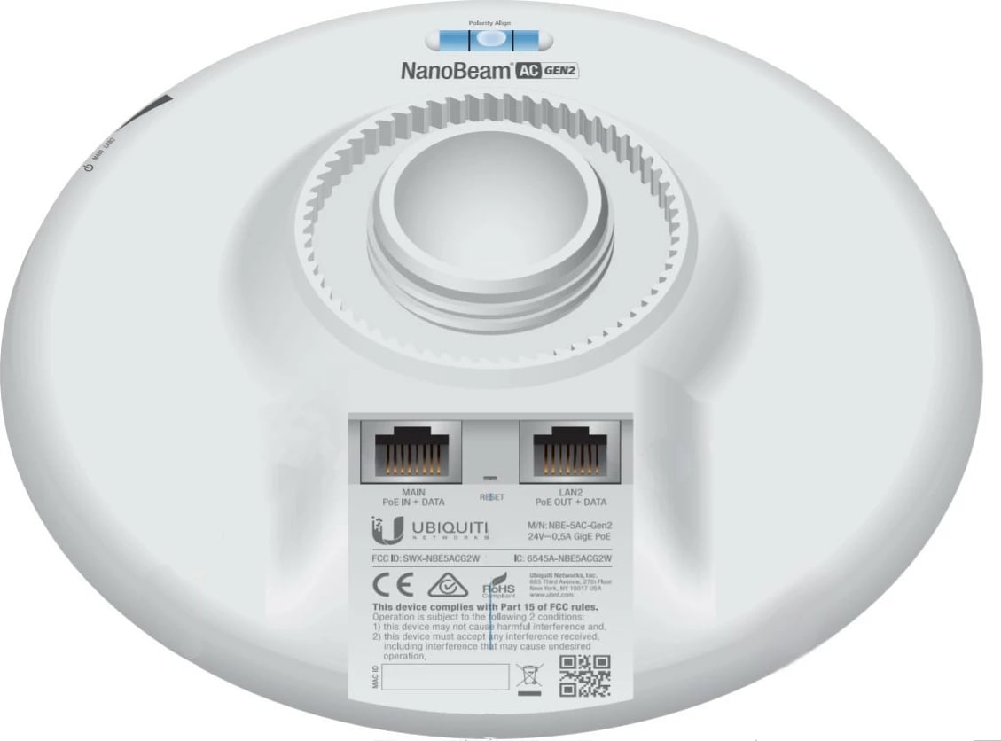 Network bridge Ubiquiti NanoBeam 5AC Gen 2, 450 Mbit/s, Wi-Fi, Ethernet LAN, White