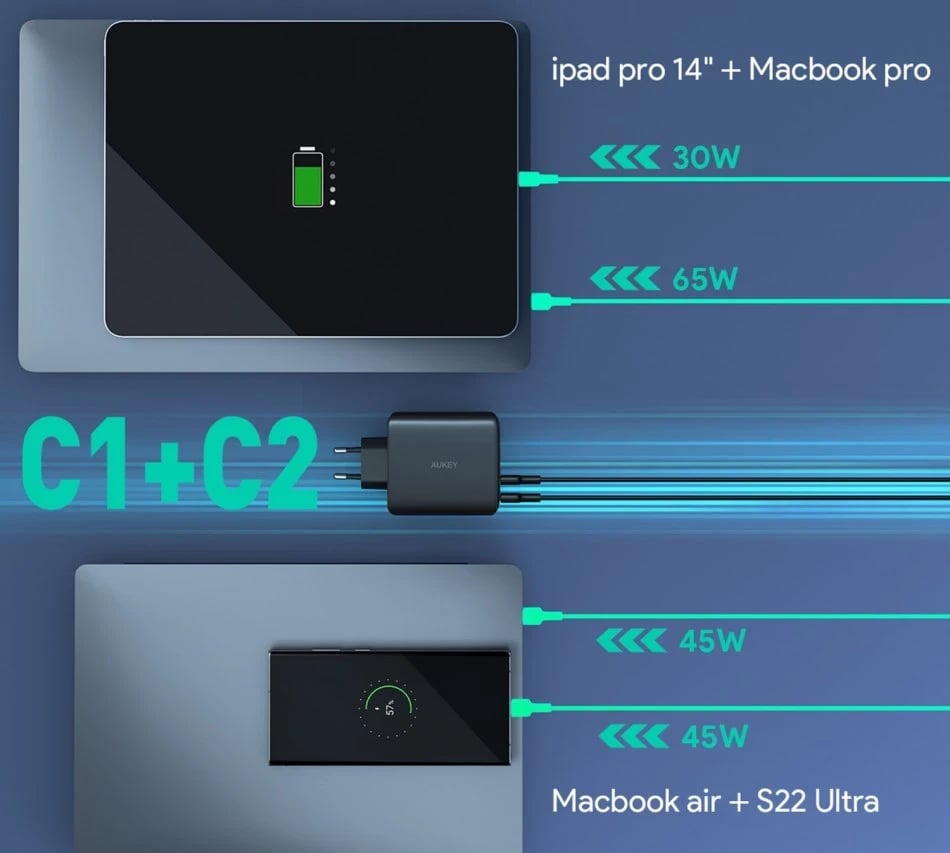 Mbushës muri AUKEY PA-B7S Omnia II GaN me 3xUSB-C dhe 1xUSB-A PD 3.0 PPS 100W, i zi