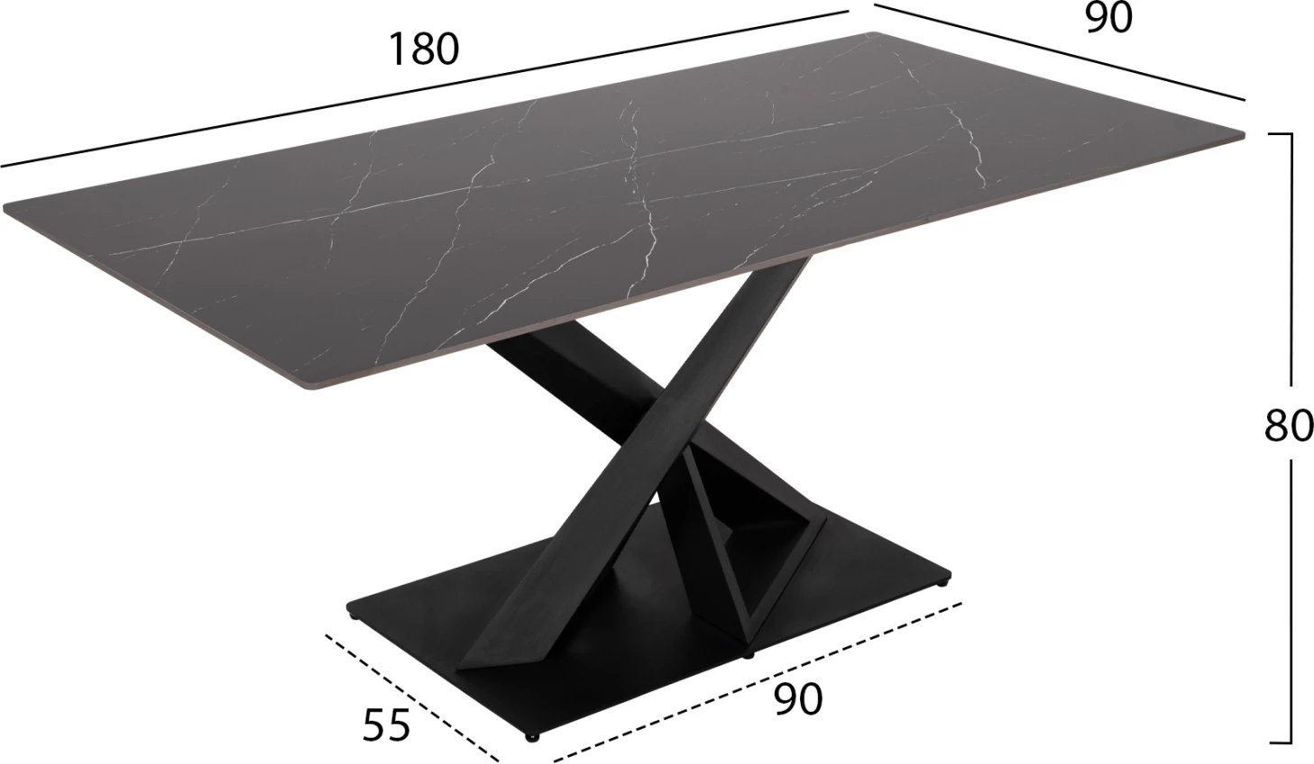 Tavolinë drejtkëndore për ngrënie, RUBBY, FH9849.02, sipërfaqe qeramike, mermer i zi, bazë metalike e zezë, 180x90x77 cm