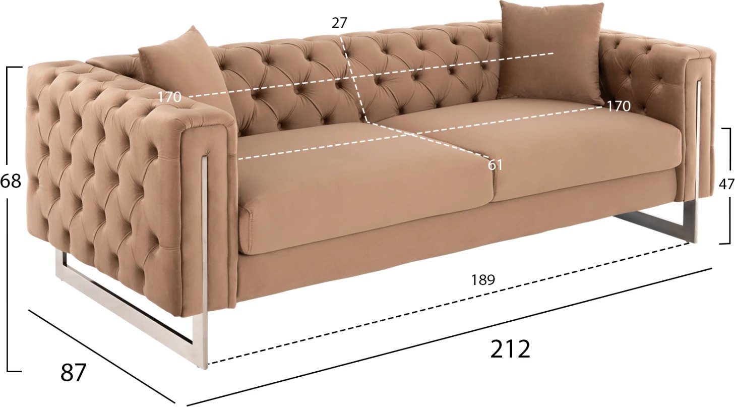 Divan 3-vendësh Chesterfield MOBAR FH3263.03, kadife bezhë, këmbë metalike, 212x87x68H cm.