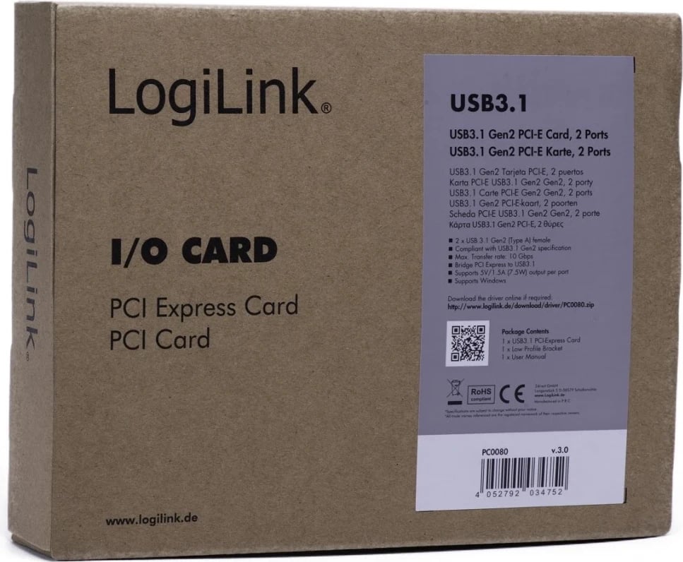 Kartë PCI Express LogiLink, 2x USB 3.1