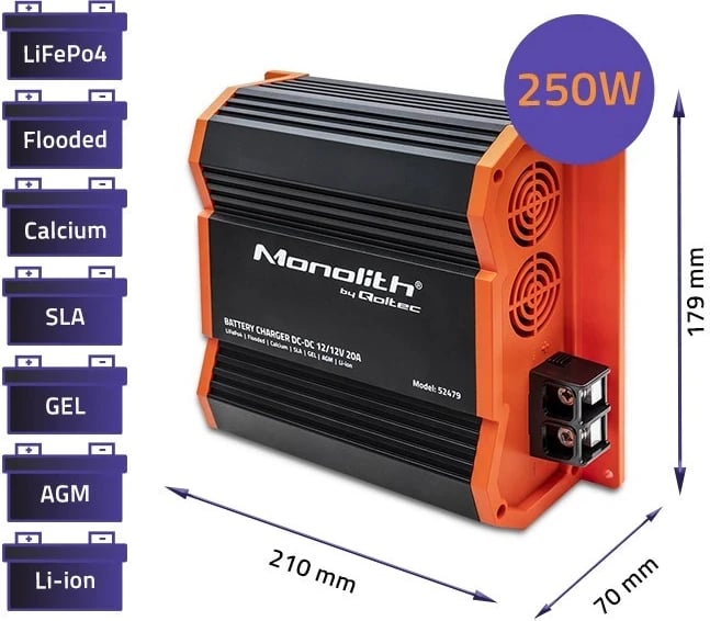 Karikuesi Qoltec 52479 Monolith për bateritë LiFePO4 AGM 12V | 20A | 250W