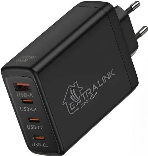 Karikues i shpejtë Extralink CHARESL01 Smart Life 100W GaN 3x USB-C, USB-A, i zi