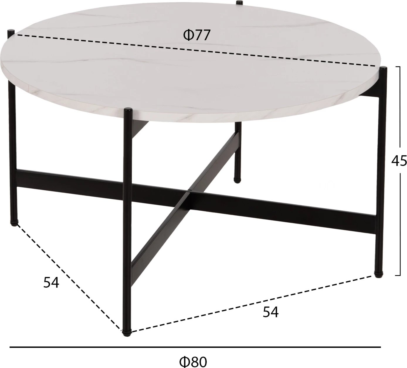 Tavolinë kafeje FH9588.05, sipërfaqe tavoline mermeri e bardhë, bazë metalike e zezë, Φ80x45Hcm.