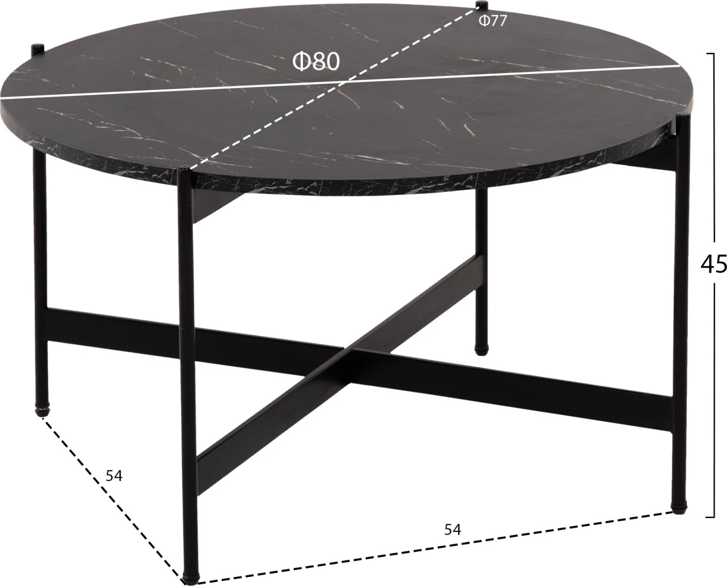 Tavolinë kafeje FH9588.01, sipërfaqe tavoline mermer i zi MDF, bazë metalike e zezë, Φ80x45Hcm