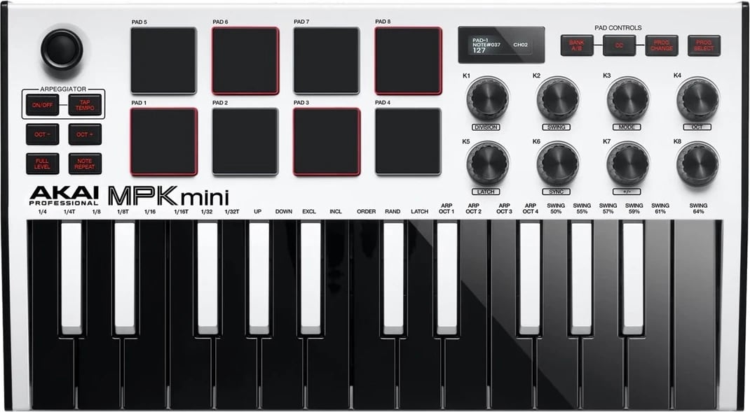 Tastierë Kontrolluese AKAI MPK Mini MK3, MIDI USB, e Zezë dhe e Bardhë