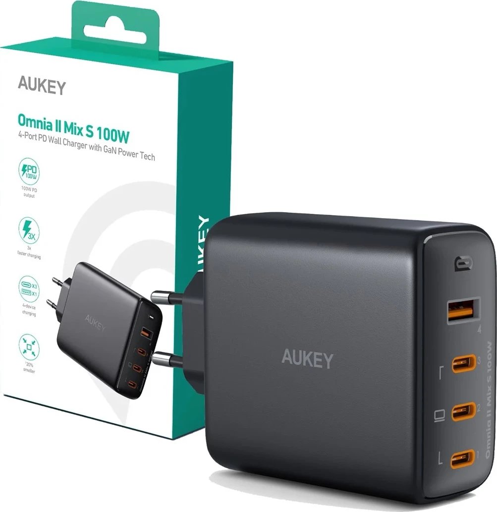 Mbushës muri AUKEY PA-B7S Omnia II GaN me 3xUSB-C dhe 1xUSB-A PD 3.0 PPS 100W, i zi