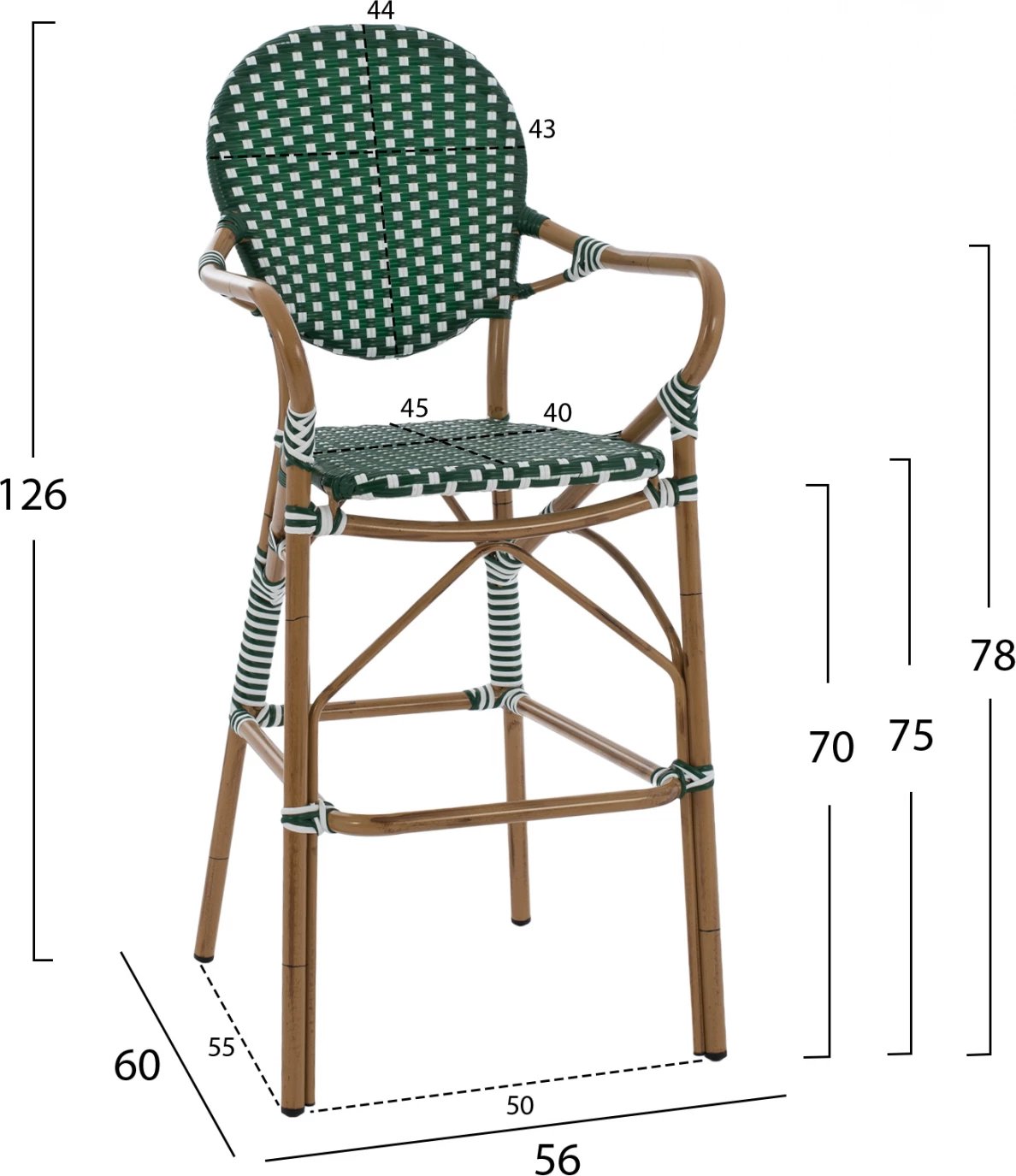 Karrige për bar alumini, pamje bambuje, me thurje, jeshile dhe bardhë, FH5794.01, 56x60x126 cm