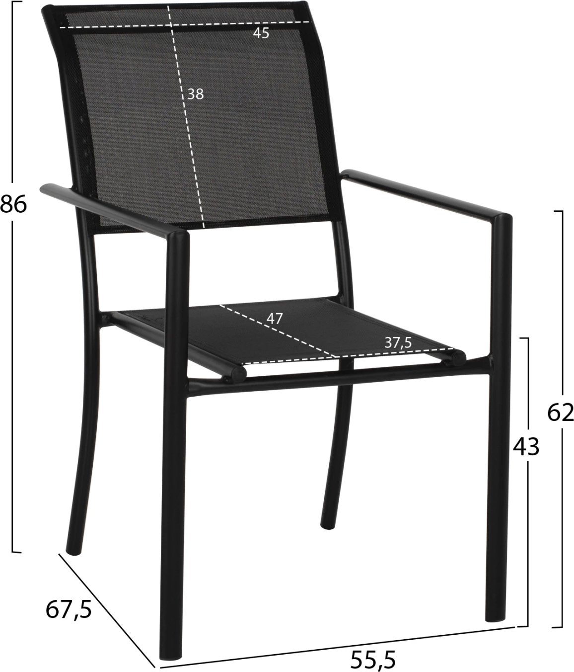 Set terase, FH11839, 3 pjesë, tavolinë metalike e rrumbullakët Φ60 dhe karrige alumini me tekstilene, ngjyrë e zezë