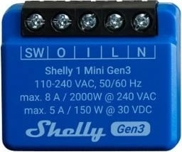 Smart switch Shelly 1 Mini Gen3, 1P, Wireless, 20 dBmW, 30 m, Blu