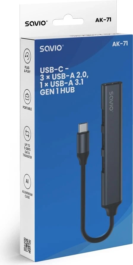 Hub USB-C SAVIO AK-71, 3 x USB-A 2.0, 1 x USB-A 3.0, 4-në-1, 5 Gbps